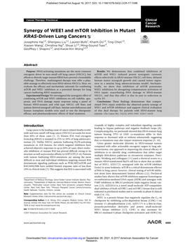 Synergy of WEE1 and Mtor Inhibition in Mutant KRAS-Driven