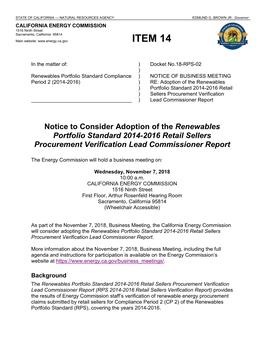 Notice to Consider Adoption of the Renewables Portfolio Standard 2014-2016 Retail Sellers Procurement Verification Lead Commissioner Report