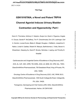 GSK1016790A, a Novel and Potent TRPV4 Channel Agonist Induces Urinary Bladder Contraction and Hyperactivity