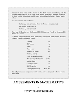 Amusements in Mathematics, by Henry Ernest Dudeney
