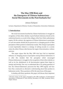The May 1998 Riots and the Emergence of Chinese Indonesians: Social Movements in the Post-Soeharto Era*