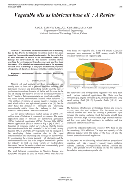 Vegetable Oils As Lubricant Base