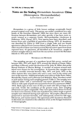 Notes on the Seabug Hermatobates Hawaiiensis China (Heteroptera: Hermatobatidae) Lanna Cheng1 and E.W
