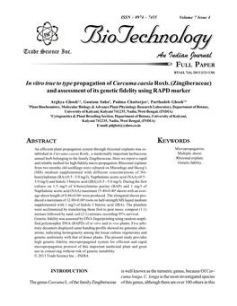 In Vitro True to Type Propagation of Curcuma Caesia Roxb. (Zingiberaceae) and Assessment of Its Genetic Fidelity Using RAPD Marker