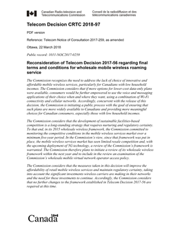 Reconsideration of Telecom Decision 2017-56 Regarding Final Terms and Conditions for Wholesale Mobile Wireless Roaming Service