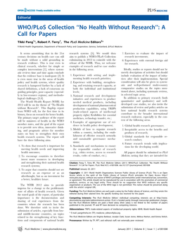 WHO/Plos Collection ‘‘No Health Without Research’’: a Call for Papers