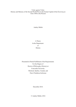 Vichy Against Vichy: History and Memory of the Second World War in the Former Capital of the État Français from 1940 to the Present