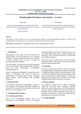 Metallographic Procedures and Analysis – a Review