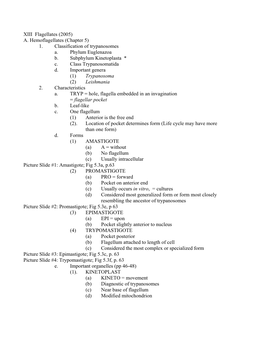 1. Classification of Trypanosomes A. Phylum Euglenazoa B. Subphylum Kinetoplasta * C