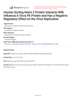 Human Sorting Nexin 2 Protein Interacts with in Uenza a Virus PA