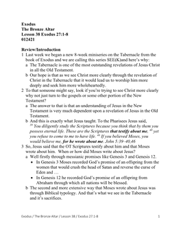 Exodus the Bronze Altar Lesson 38 Exodus 27:1-8 012421 Review