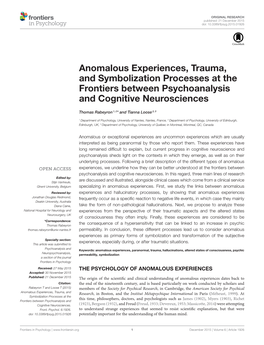 Anomalous Experiences, Trauma, and Symbolization Processes at the Frontiers Between Psychoanalysis and Cognitive Neurosciences