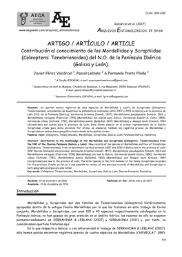 ARTIGO / ARTÍCULO / ARTICLE Contribución Al Conocimiento De Los Mordellidae Y Scraptiidae (Coleoptera: Tenebrionoidea) Del N.O