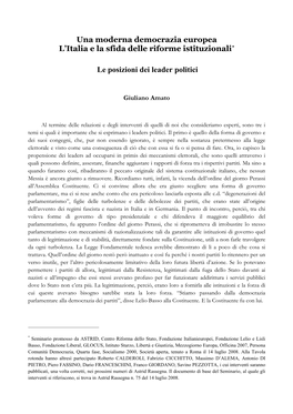 Una Moderna Democrazia Europea L’Italia E La Sfida Delle Riforme Istituzionali*