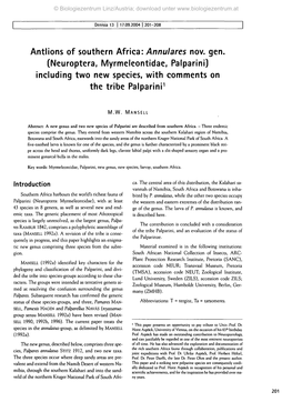 Annulares Nov. Gen. (Neuroptera, Myrmeleontidae, Palparini) Including Two New Species, with Comments on the Tribe Palparini1