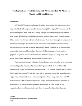 The Implications of SCUBA Diving with Air Vs. Enriched-Air Nitrox on Mental and Physical Fatigue