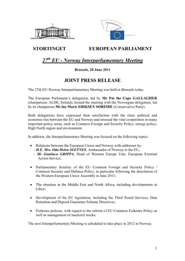 27Th EU - Norway Interparliamentary Meeting