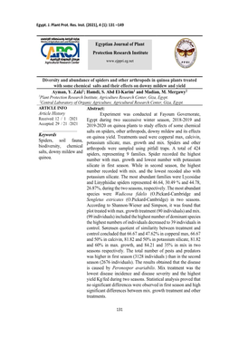 Diversity and Abundance of Spiders and Other Arthropods in Quinoa Plants Treated with Some Chemical Salts and Their Effects on Downy Mildew and Yield Ayman, Y