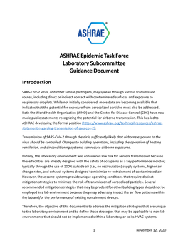 ASHRAE Epidemic Task Force Laboratory Subcommittee Guidance Document
