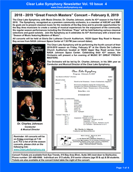 Clear Lake Symphony Newsletter Vol. 10 Issue 4 2018