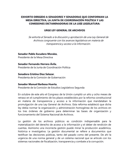 Exhorto Dirigido a Senadores Y Senadoras Que Conforman La Mesa Directiva, La Junta De Coordinación Política Y Las Comisiones Dictaminadoras De La Lxiii Legislatura