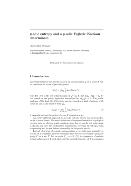 P-Adic Entropy and a P-Adic Fuglede–Kadison Determinant