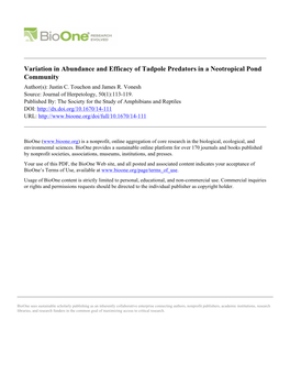 Variation in Abundance and Efficacy of Tadpole Predators in a Neotropical Pond Community Author(S): Justin C