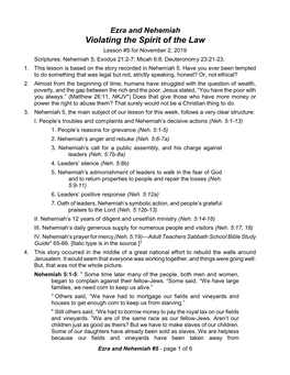 Ezra and Nehemiah Violating the Spirit of the Law Lesson #5 for November 2, 2019 Scriptures: Nehemiah 5; Exodus 21:2-7; Micah 6:8; Deuteronomy 23:21-23