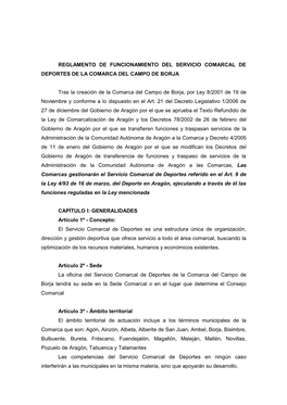 Reglamento De Funcionamiento Del Servicio Comarcal De Deportes De La Comarca Del Campo De Borja
