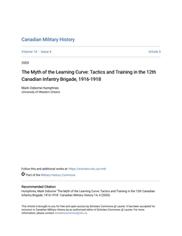 The Myth of the Learning Curve: Tactics and Training in the 12Th Canadian Infantry Brigade, 1916-1918
