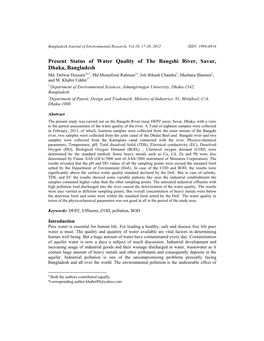 Present Status of Water Quality of the Bangshi River, Savar, Dhaka, Bangladesh Md