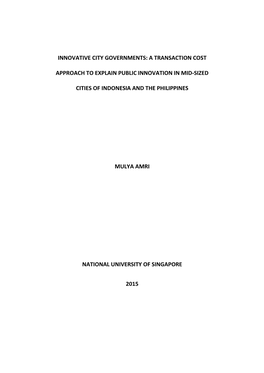 A Transaction Cost Approach to Explain Public Sector Innovation in Secondary Cities of Indonesia and the Philippines