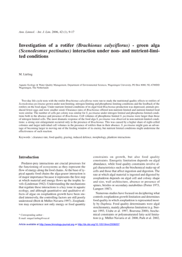 Investigation of a Rotifer (Brachionus Calyciflorus) - Green Alga (Scenedesmus Pectinatus) Interaction Under Non- and Nutrient-Limi- Ted Conditions