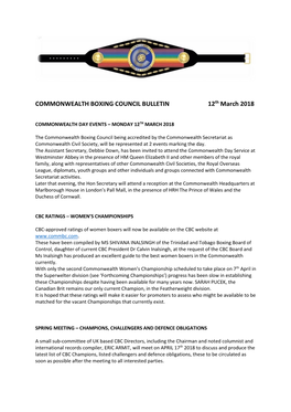 COMMONWEALTH BOXING COUNCIL BULLETIN 12Th March 2018