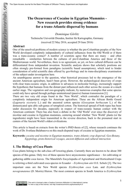 The Occurrence of Cocaine in Egyptian Mummies - New Research Provides Strong Evidence for a Trans-Atlantic Dispersal by Humans