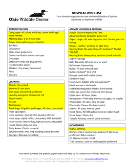 HOSPITAL WISH LIST Your Donation Supports the Care and Rehabilitation of Injured, Orphaned, Or Displaced Wildlife