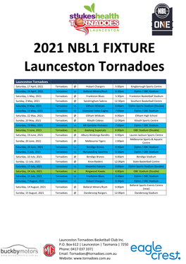 2021 NBL1 FIXTURE Launceston Tornadoes