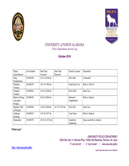 UNIVERSITY of NORTH ALABAMA Police Department Activity Log