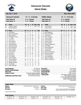 Vancouver Canucks Game Notes