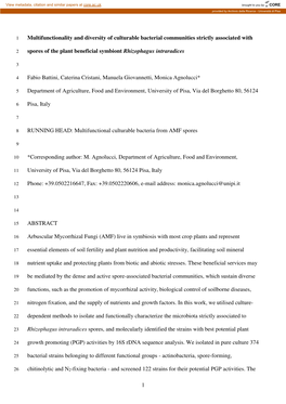 1 Multifunctionality and Diversity of Culturable Bacterial Communities Strictly Associated With