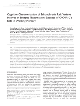 Cognitive Characterization of Schizophrenia Risk Variants Involved in Synaptic Transmission: Evidence of CACNA1C 'S Role in Working Memory