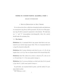 NOTES in COMMUTATIVE ALGEBRA: PART 1 1. Results/Definitions Of