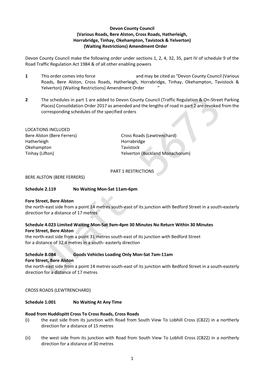 Various Roads, Bere Alston, Cross Roads, Hatherleigh, Horrabridge, Tinhay, Okehampton, Tavistock & Yelverton) (Waiting Restrictions) Amendment Order