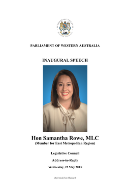 Hon Samantha Rowe, MLC (Member for East Metropolitan Region)
