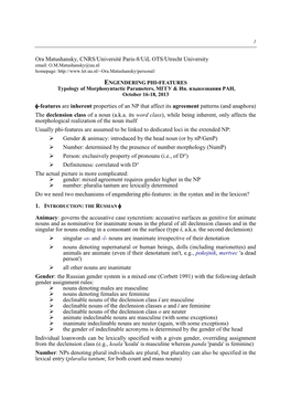 ENGENDERING PHI-FEATURES Typology of Morphosyntactic Parameters, МГГУ & Ин