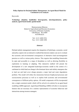 Policy Options for Dryland Salinity Management: an Agent-Based Model for Catchment Level Analysis