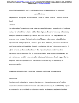 Fish-Released Kairomones Affect Culiseta Longiareolata Oviposition and Larval Life History