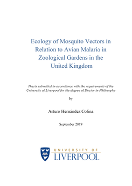 Ecology of Mosquito Vectors in Relation to Avian Malaria in Zoological Gardens in the United Kingdom