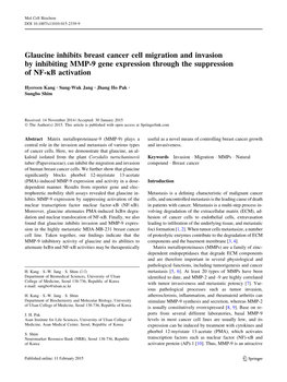 Glaucine Inhibits Breast Cancer Cell Migration and Invasion by Inhibiting MMP-9 Gene Expression Through the Suppression of NF-Jb Activation