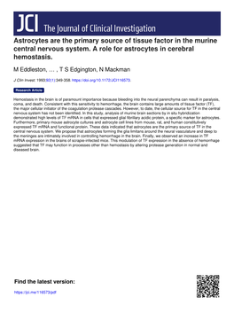 Astrocytes Are the Primary Source of Tissue Factor in the Murine Central Nervous System